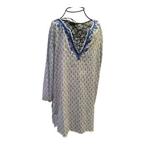 Rock Flower Paper Tunic Blue White LG 100% Cotton Boho Resort Cottage SwimCover